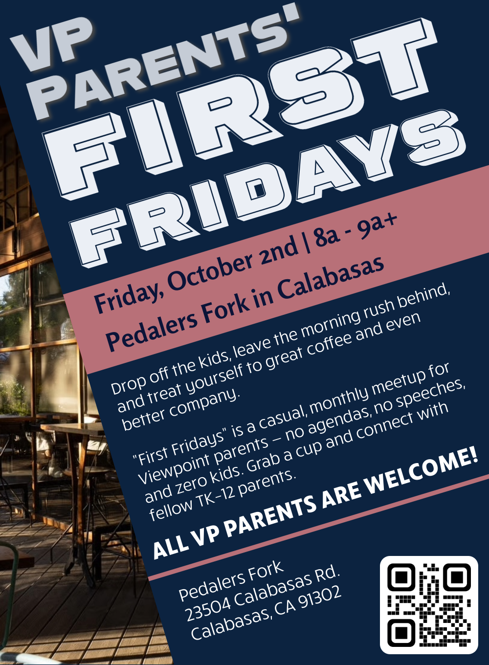 VP Parents’ First Fridays flyer: coffee and company at Pedalers Fork, all VP parents welcome.